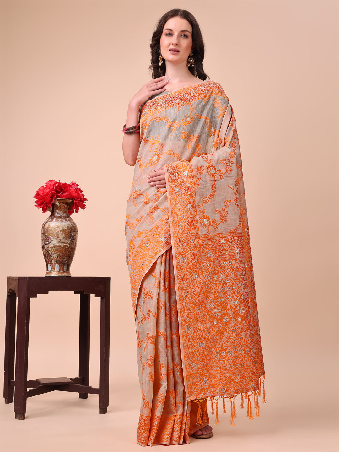 Shree Shyam Fashion Beige & Orange Banarasi Cotton Saree with Floral Zari Work and Traditional Pallu - Elegant Ethnic Wear for Festivals & Ceremonies | Grocsy