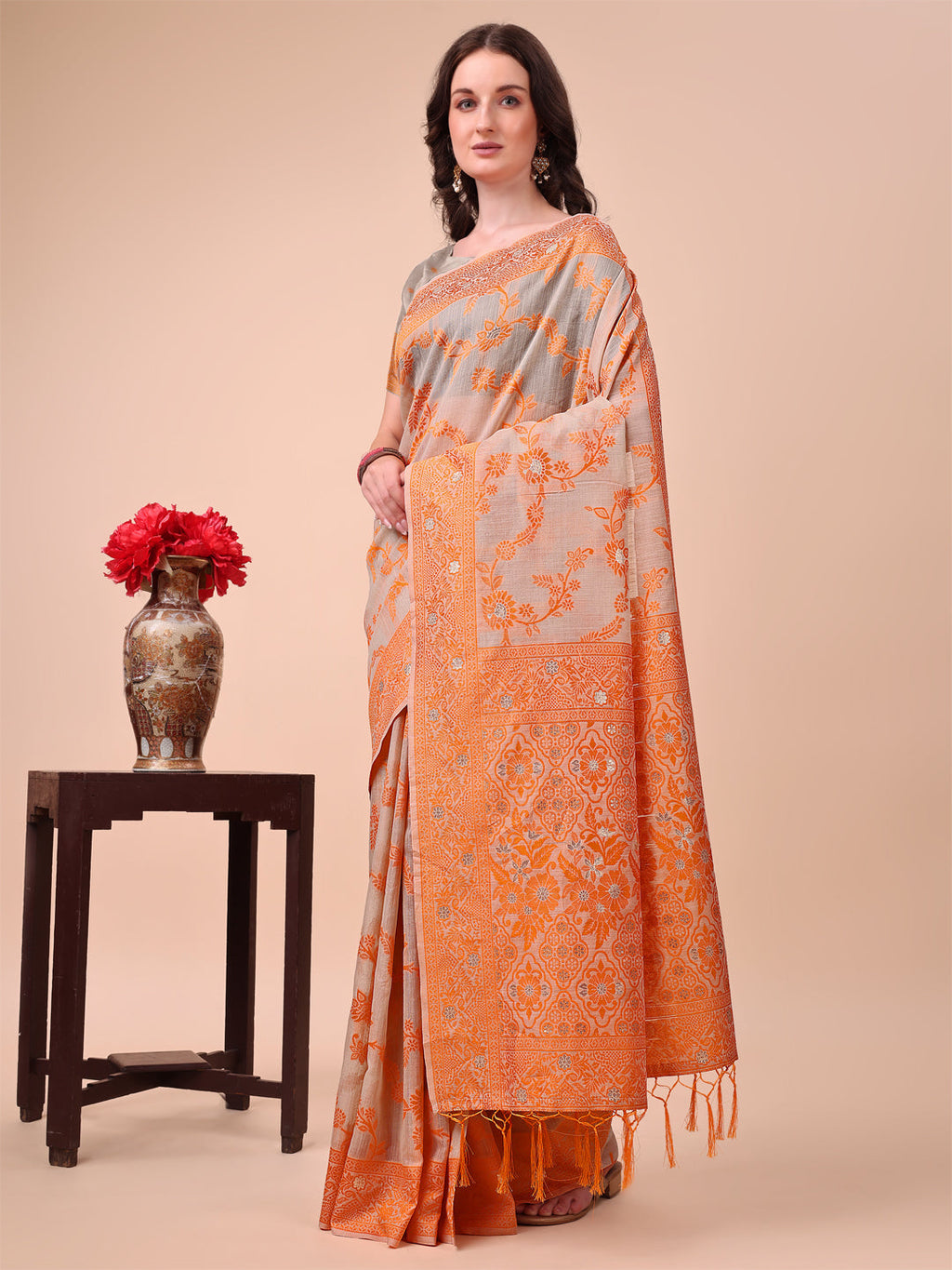 Shree Shyam Fashion Beige & Orange Banarasi Cotton Saree with Floral Zari Work and Traditional Pallu - Elegant Ethnic Wear for Festivals & Ceremonies | Grocsy