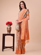 Shree Shyam Fashion Beige & Orange Banarasi Cotton Saree with Floral Zari Work and Traditional Pallu - Elegant Ethnic Wear for Festivals & Ceremonies | Grocsy