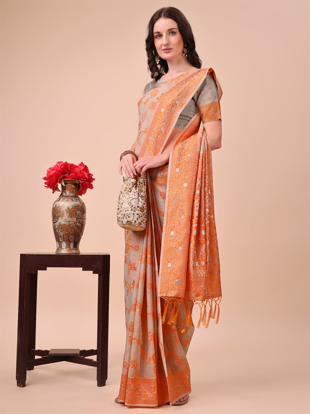 Shree Shyam Fashion Beige & Orange Banarasi Cotton Saree with Floral Zari Work and Traditional Pallu - Elegant Ethnic Wear for Festivals & Ceremonies | Grocsy