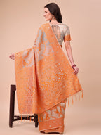 Shree Shyam Fashion Beige & Orange Banarasi Cotton Saree with Floral Zari Work and Traditional Pallu - Elegant Ethnic Wear for Festivals & Ceremonies | Grocsy