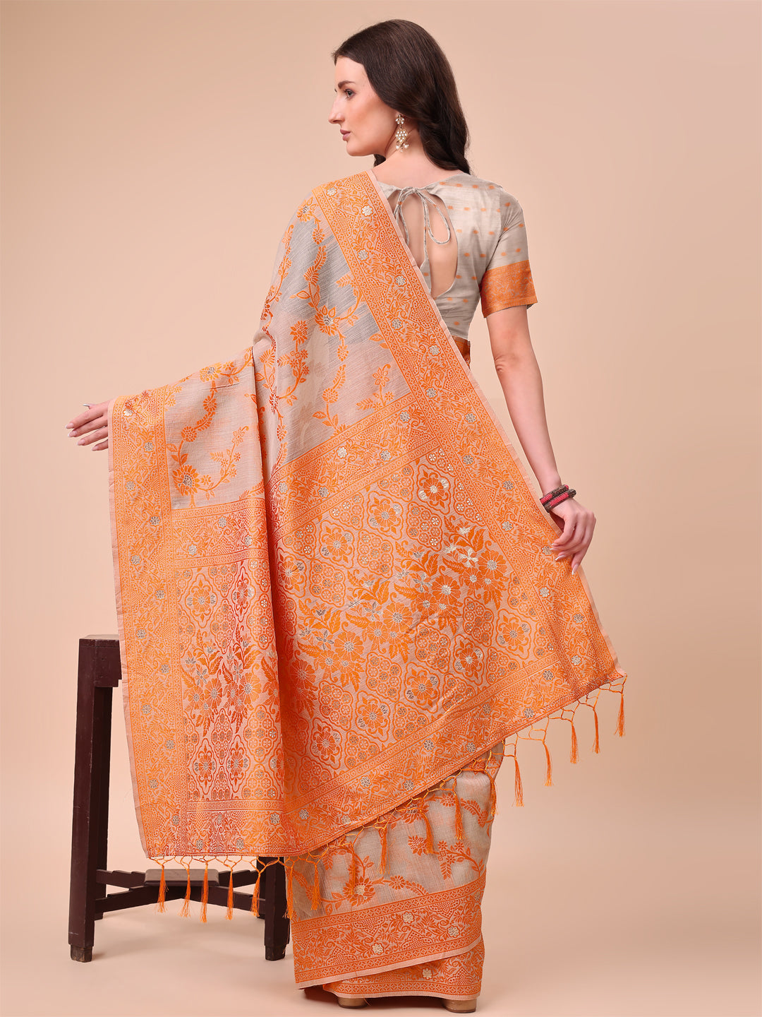Shree Shyam Fashion Beige & Orange Banarasi Cotton Saree with Floral Zari Work and Traditional Pallu - Elegant Ethnic Wear for Festivals & Ceremonies | Grocsy