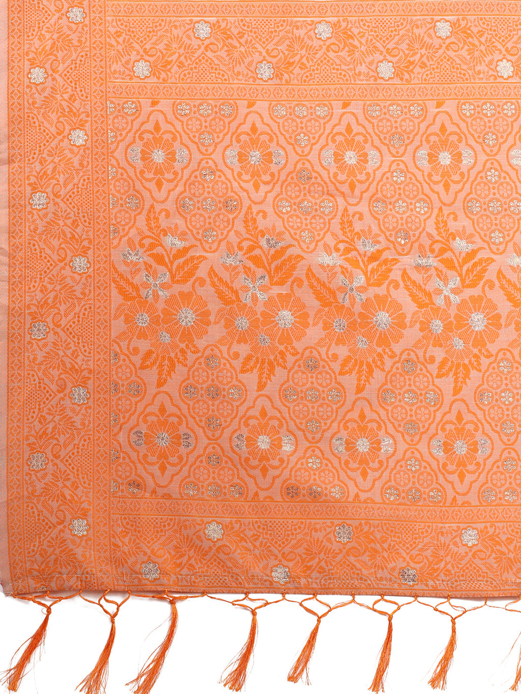 Shree Shyam Fashion Beige & Orange Banarasi Cotton Saree with Floral Zari Work and Traditional Pallu - Elegant Ethnic Wear for Festivals & Ceremonies | Grocsy