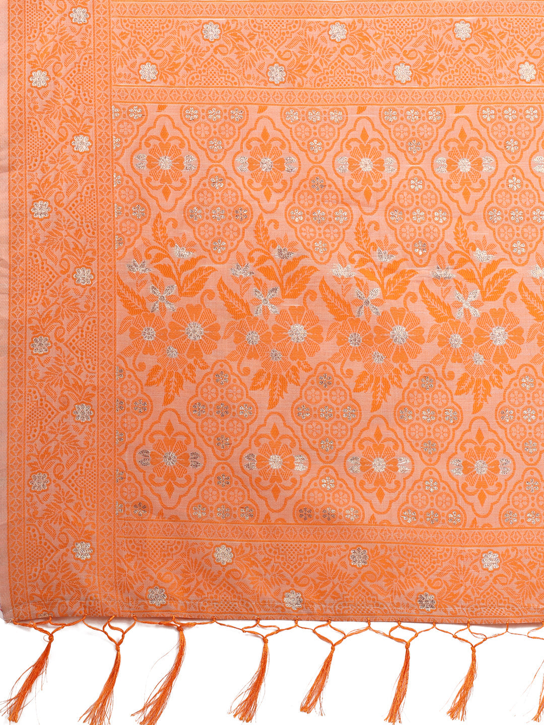 Shree Shyam Fashion Beige & Orange Banarasi Cotton Saree with Floral Zari Work and Traditional Pallu - Elegant Ethnic Wear for Festivals & Ceremonies | Grocsy