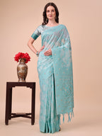 Shree Shyam Fashion Beige & Sky Blue Banarasi Cotton Saree with Floral Zari Work and Traditional Pallu - Elegant Ethnic Wear for Festivals & Ceremonies | Grocsy