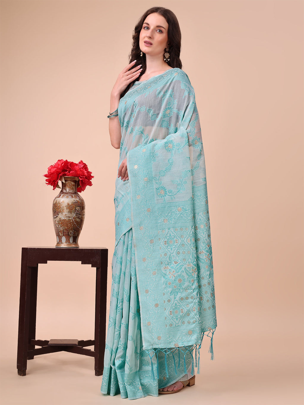 Shree Shyam Fashion Beige & Sky Blue Banarasi Cotton Saree with Floral Zari Work and Traditional Pallu - Elegant Ethnic Wear for Festivals & Ceremonies | Grocsy