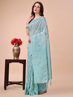 Shree Shyam Fashion Beige & Sky Blue Banarasi Cotton Saree with Floral Zari Work and Traditional Pallu - Elegant Ethnic Wear for Festivals & Ceremonies | Grocsy