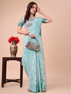 Shree Shyam Fashion Beige & Sky Blue Banarasi Cotton Saree with Floral Zari Work and Traditional Pallu - Elegant Ethnic Wear for Festivals & Ceremonies | Grocsy
