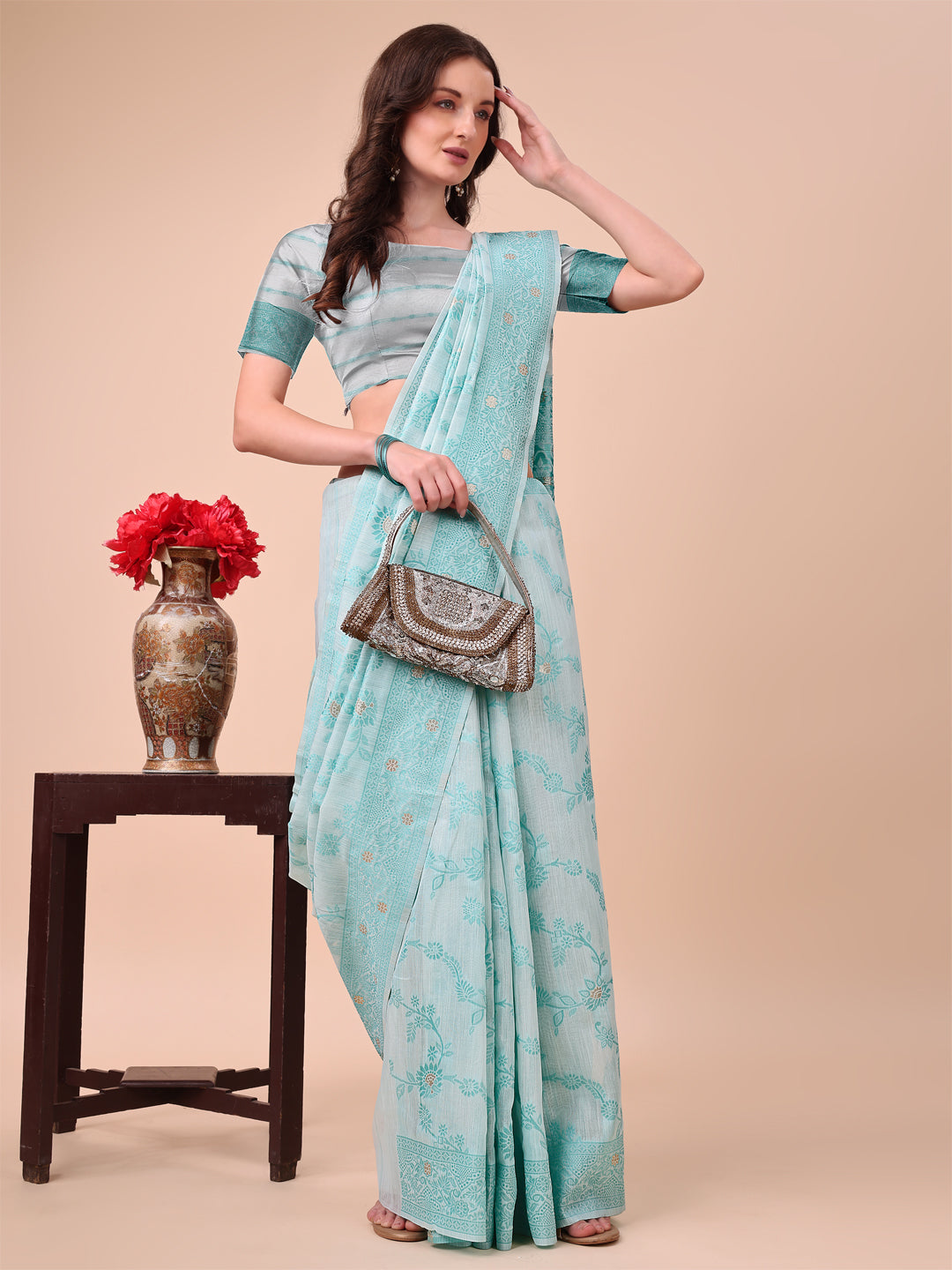 Shree Shyam Fashion Beige & Sky Blue Banarasi Cotton Saree with Floral Zari Work and Traditional Pallu - Elegant Ethnic Wear for Festivals & Ceremonies | Grocsy
