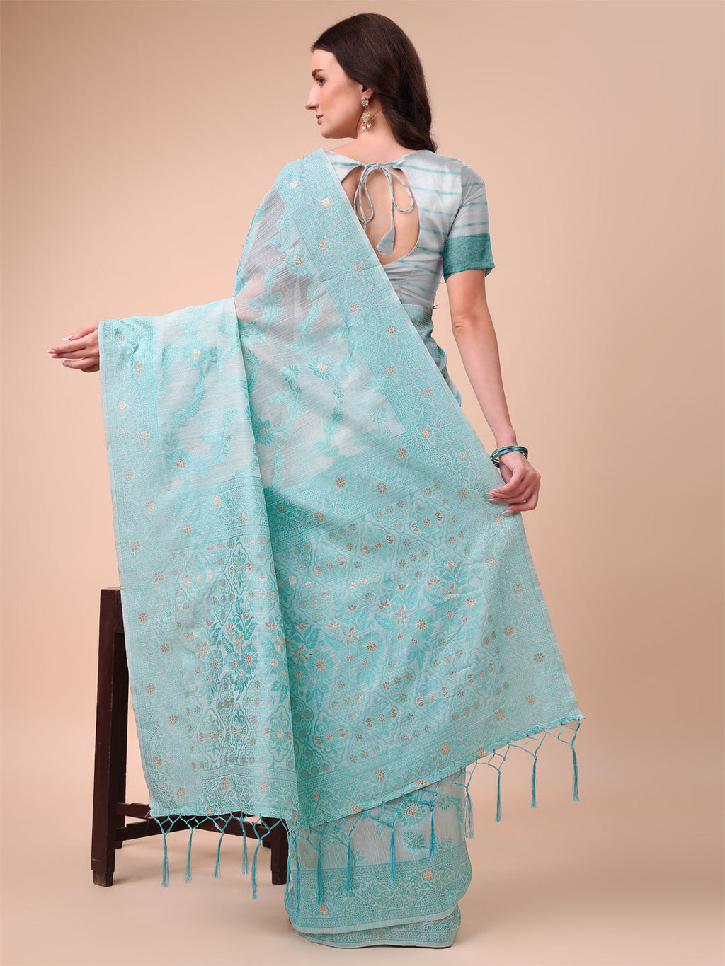 Shree Shyam Fashion Beige & Sky Blue Banarasi Cotton Saree with Floral Zari Work and Traditional Pallu - Elegant Ethnic Wear for Festivals & Ceremonies | Grocsy