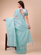 Shree Shyam Fashion Beige & Sky Blue Banarasi Cotton Saree with Floral Zari Work and Traditional Pallu - Elegant Ethnic Wear for Festivals & Ceremonies | Grocsy