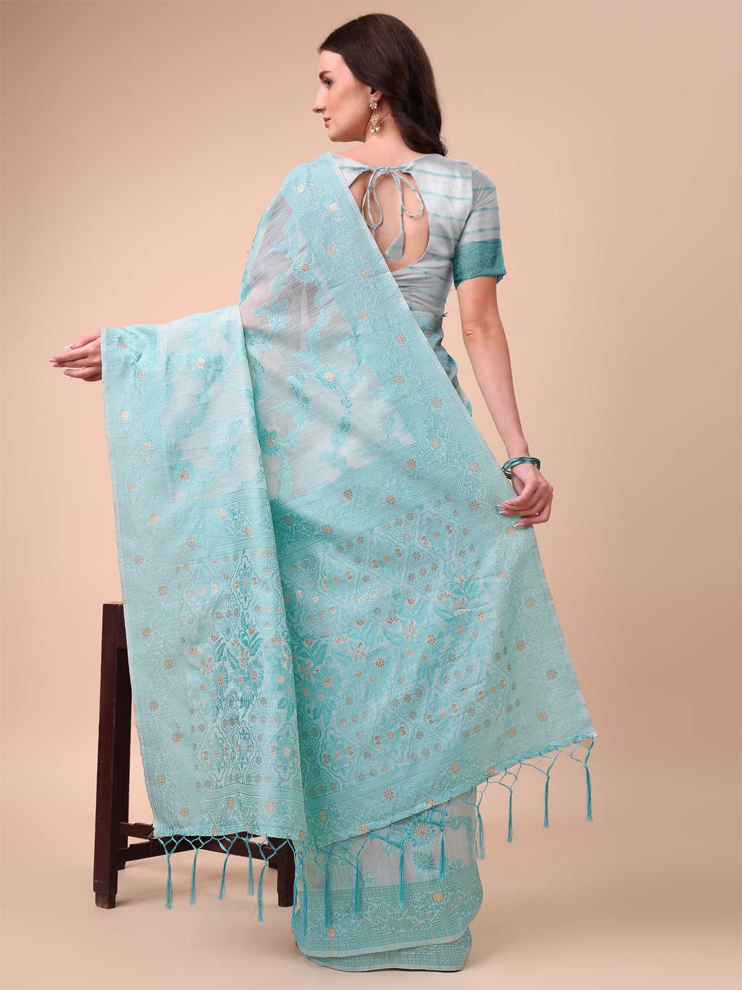 Shree Shyam Fashion Beige & Sky Blue Banarasi Cotton Saree with Floral Zari Work and Traditional Pallu - Elegant Ethnic Wear for Festivals & Ceremonies | Grocsy