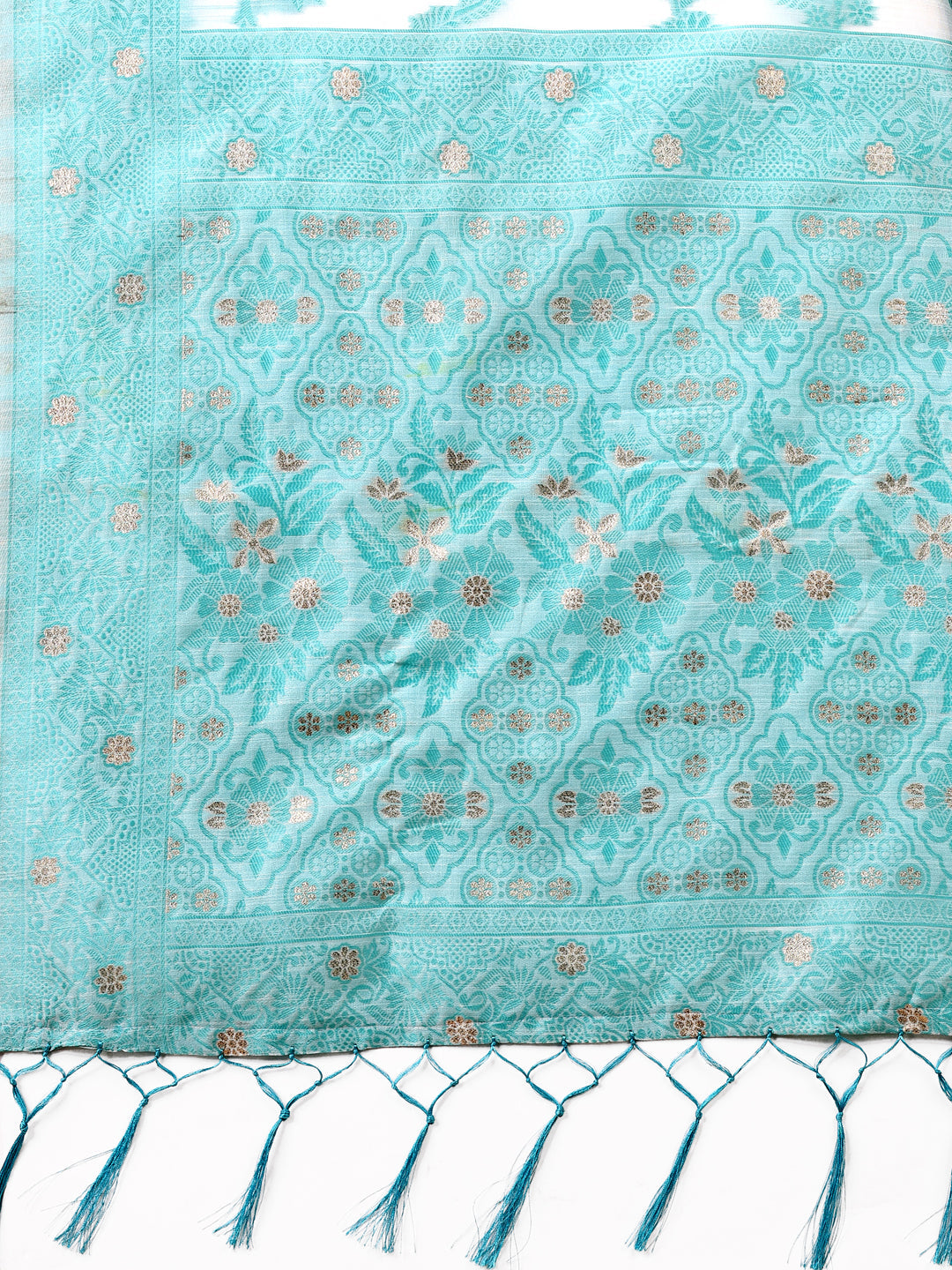 Shree Shyam Fashion Beige & Sky Blue Banarasi Cotton Saree with Floral Zari Work and Traditional Pallu - Elegant Ethnic Wear for Festivals & Ceremonies | Grocsy