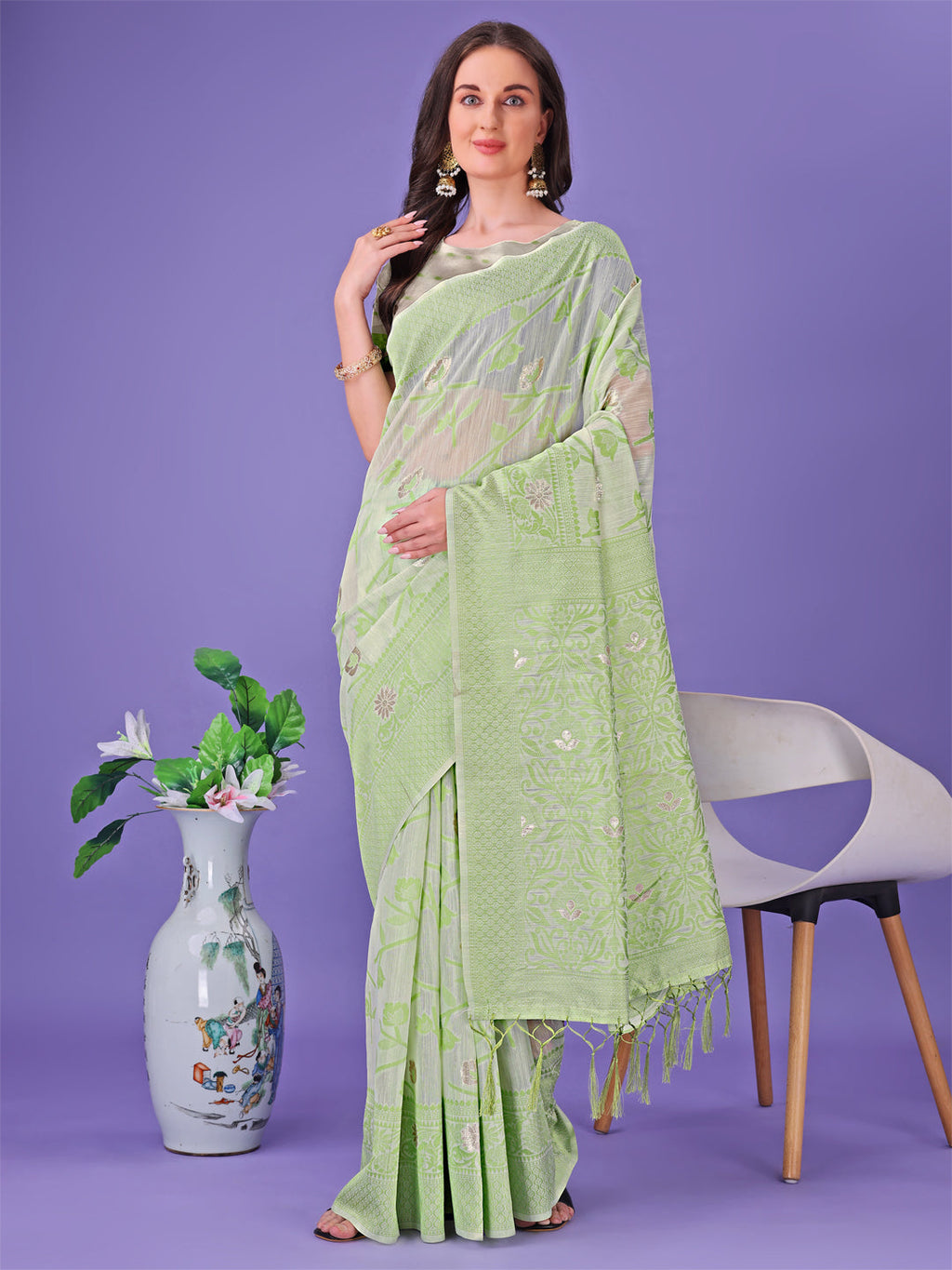Shree Shyam Fashion Light Green Lichi Silk Saree with Floral Weaving & Tassel Pallu - Elegant Festive & Party Wear Saree | Grocsy