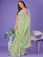 Shree Shyam Fashion Light Green Lichi Silk Saree with Floral Weaving & Tassel Pallu - Elegant Festive & Party Wear Saree | Grocsy