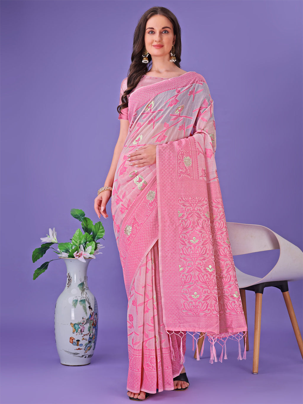 Shree Shyam Fashion Light Pink Lichi Silk Saree with Floral Weaving & Tassel Pallu - Elegant Festive & Party Wear Saree | Grocsy