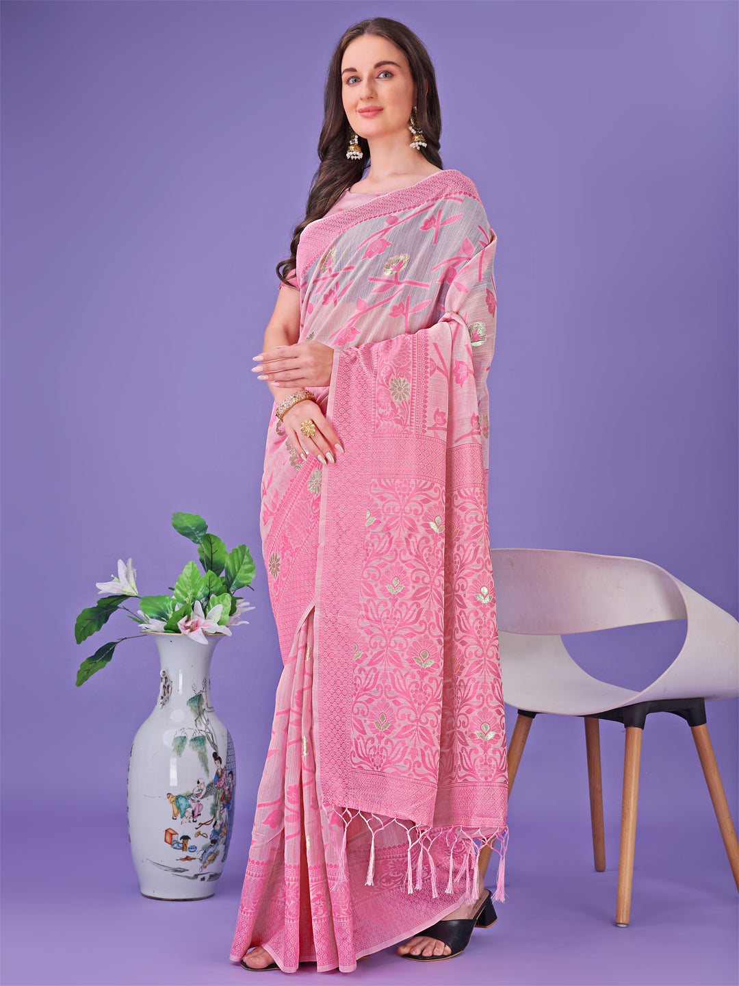 Shree Shyam Fashion Light Pink Lichi Silk Saree with Floral Weaving & Tassel Pallu - Elegant Festive & Party Wear Saree | Grocsy