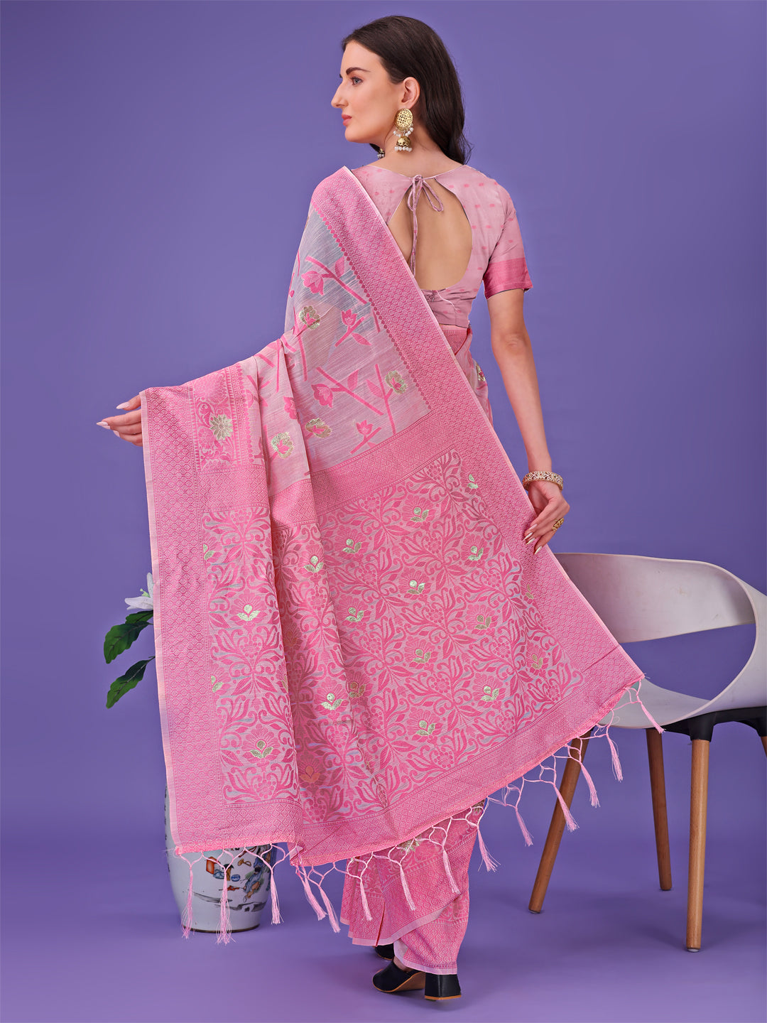 Shree Shyam Fashion Light Pink Lichi Silk Saree with Floral Weaving & Tassel Pallu - Elegant Festive & Party Wear Saree | Grocsy