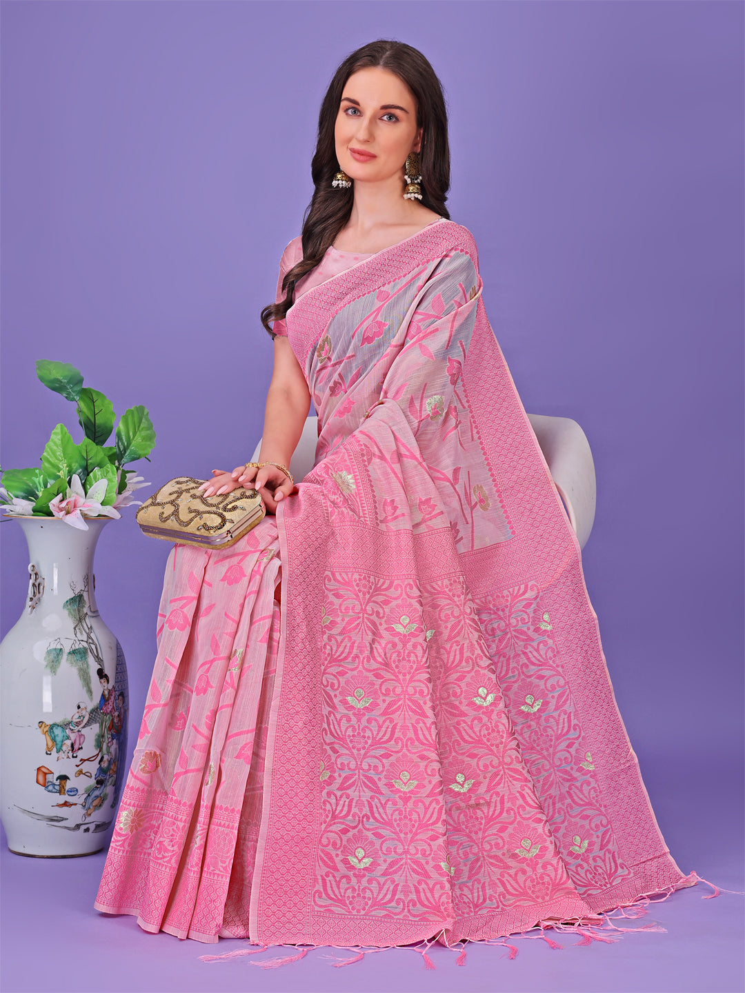 Shree Shyam Fashion Light Pink Lichi Silk Saree with Floral Weaving & Tassel Pallu - Elegant Festive & Party Wear Saree | Grocsy
