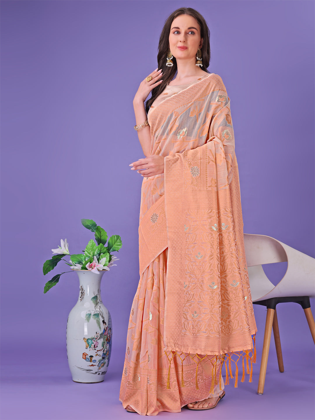 Shree Shyam Fashion Peach Lichi Silk Saree with Floral Weaving & Tassel Pallu - Elegant Festive & Party Wear Saree | Grocsy