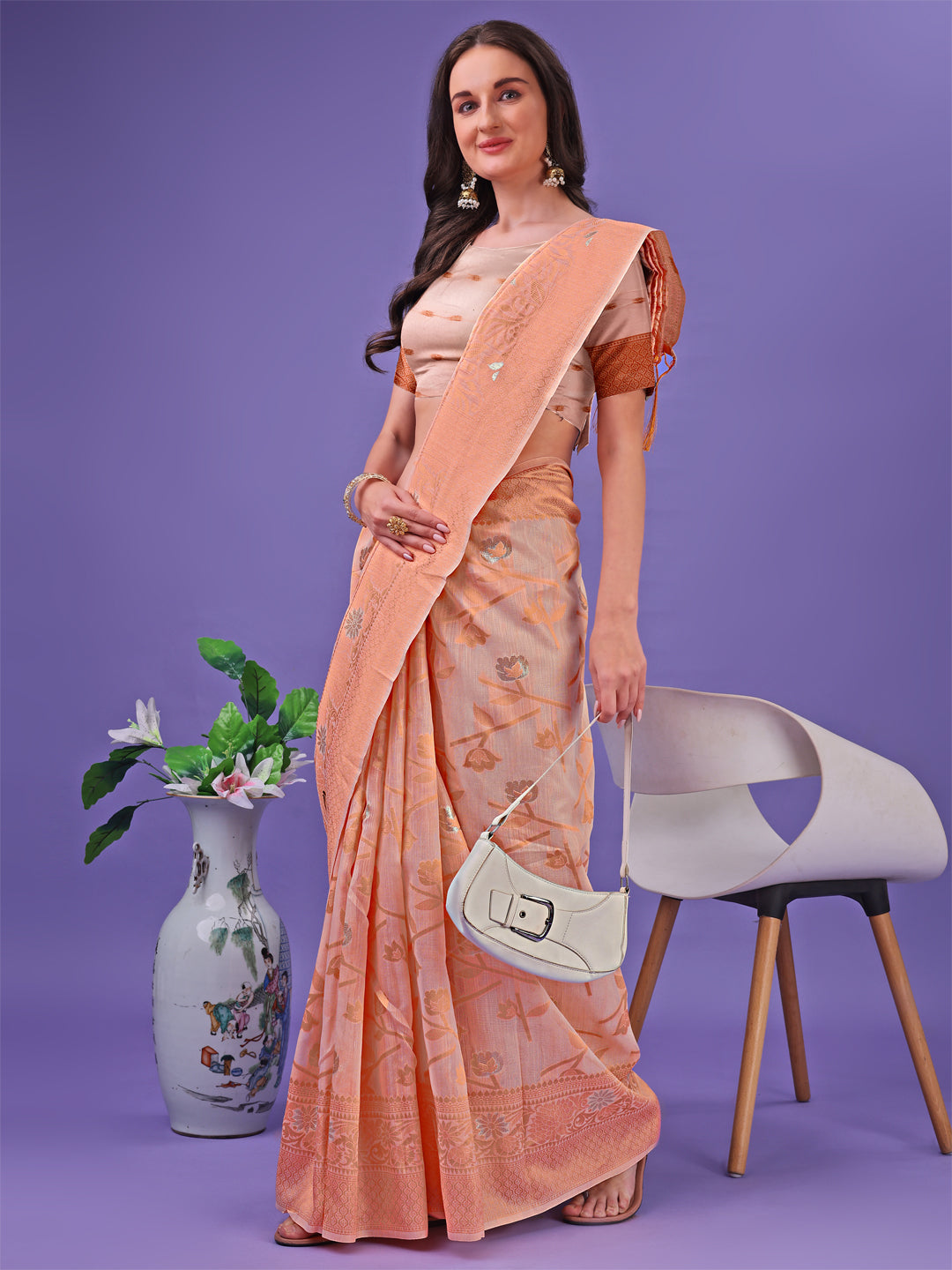 Shree Shyam Fashion Peach Lichi Silk Saree with Floral Weaving & Tassel Pallu - Elegant Festive & Party Wear Saree | Grocsy