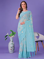 Shree Shyam Fashion Sky Blue Lichi Silk Saree with Floral Weaving & Tassel Pallu - Elegant Festive & Party Wear Saree | Grocsy