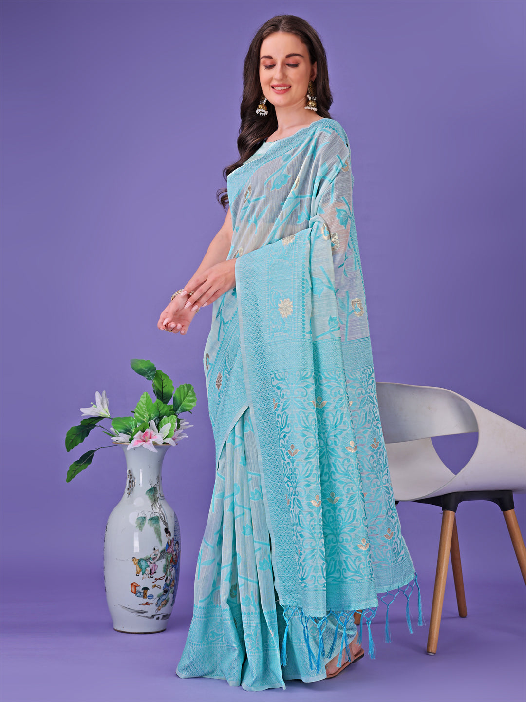 Shree Shyam Fashion Sky Blue Lichi Silk Saree with Floral Weaving & Tassel Pallu - Elegant Festive & Party Wear Saree | Grocsy