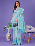 Shree Shyam Fashion Sky Blue Lichi Silk Saree with Floral Weaving & Tassel Pallu - Elegant Festive & Party Wear Saree | Grocsy
