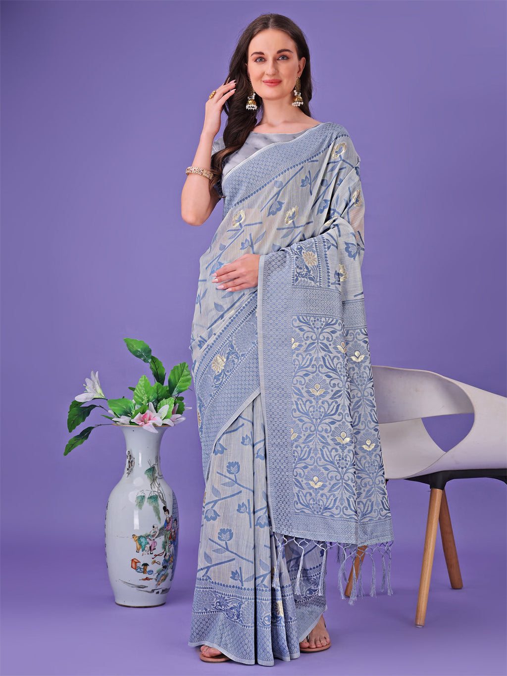 Shree Shyam Fashion Grey Lichi Silk Saree with Floral Weaving & Tassel Pallu - Elegant Festive & Party Wear Saree | Grocsy