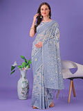 Shree Shyam Fashion Grey Lichi Silk Saree with Floral Weaving & Tassel Pallu - Elegant Festive & Party Wear Saree | Grocsy