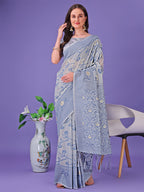 Shree Shyam Fashion Grey Lichi Silk Saree with Floral Weaving & Tassel Pallu - Elegant Festive & Party Wear Saree | Grocsy