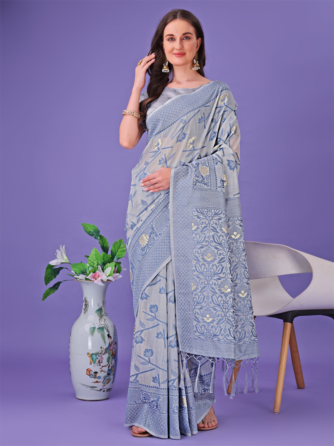 Shree Shyam Fashion Grey Lichi Silk Saree with Floral Weaving & Tassel Pallu - Elegant Festive & Party Wear Saree | Grocsy