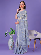 Shree Shyam Fashion Grey Lichi Silk Saree with Floral Weaving & Tassel Pallu - Elegant Festive & Party Wear Saree | Grocsy