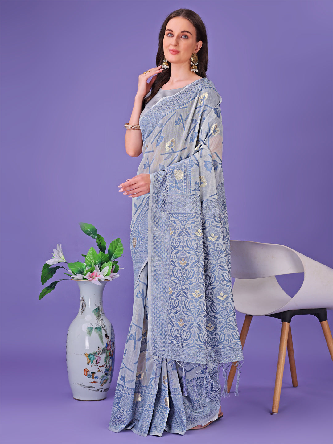 Shree Shyam Fashion Grey Lichi Silk Saree with Floral Weaving & Tassel Pallu - Elegant Festive & Party Wear Saree | Grocsy