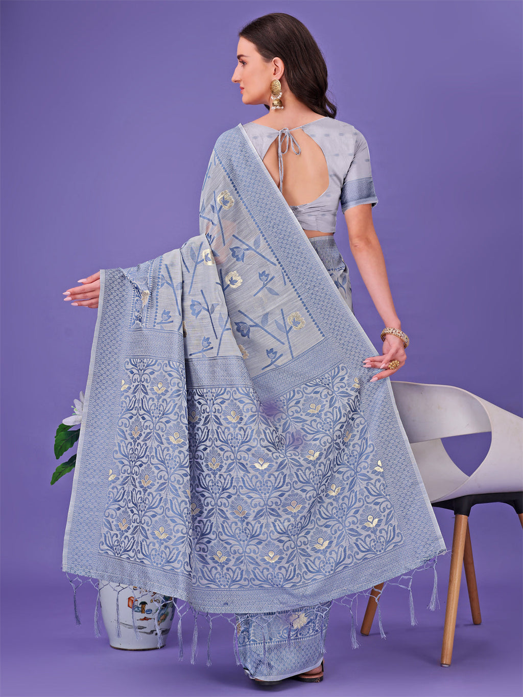 Shree Shyam Fashion Grey Lichi Silk Saree with Floral Weaving & Tassel Pallu - Elegant Festive & Party Wear Saree | Grocsy