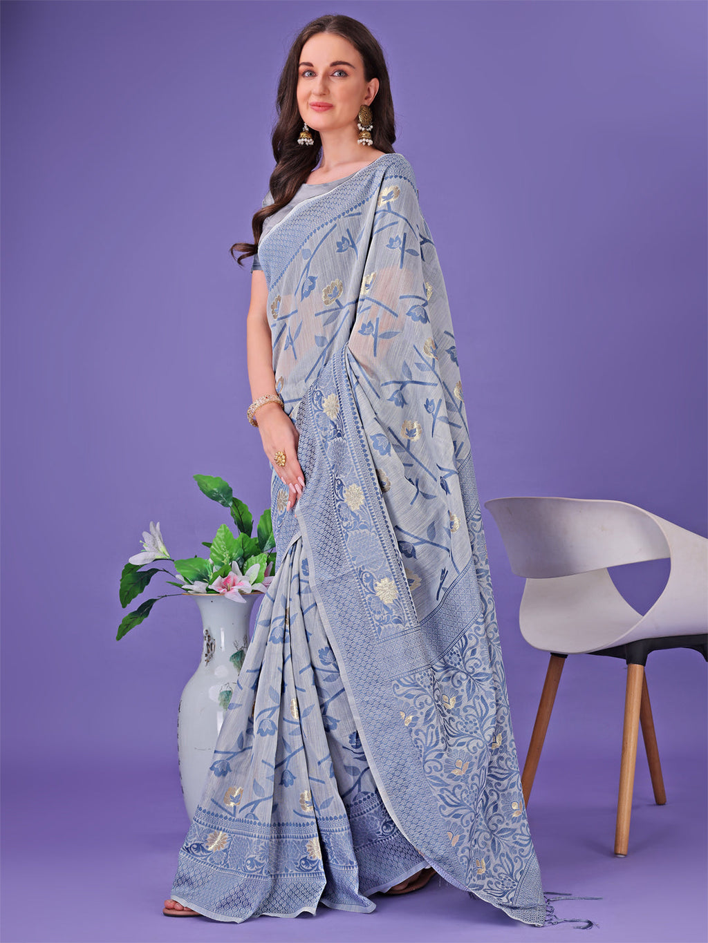 Shree Shyam Fashion Grey Lichi Silk Saree with Floral Weaving & Tassel Pallu - Elegant Festive & Party Wear Saree | Grocsy