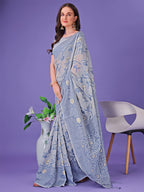 Shree Shyam Fashion Grey Lichi Silk Saree with Floral Weaving & Tassel Pallu - Elegant Festive & Party Wear Saree | Grocsy