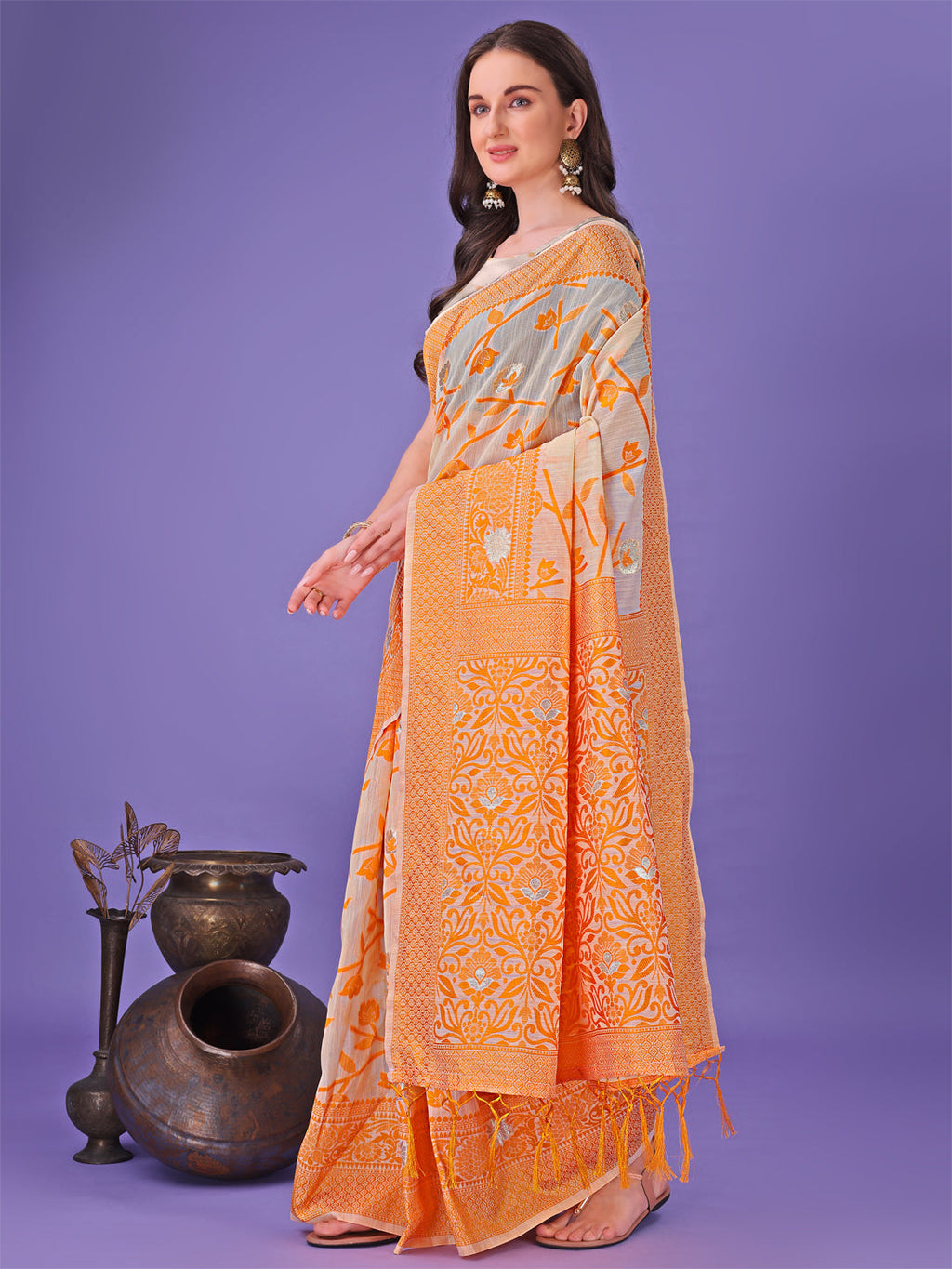 Shree Shyam Fashion Orange Lichi Silk Saree with Floral Weaving & Tassel Pallu - Elegant Festive & Party Wear Saree | Grocsy