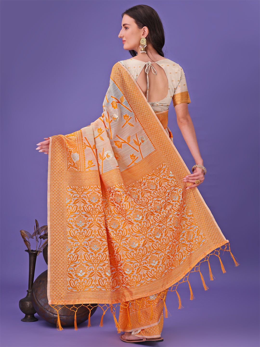 Shree Shyam Fashion Orange Lichi Silk Saree with Floral Weaving & Tassel Pallu - Elegant Festive & Party Wear Saree | Grocsy