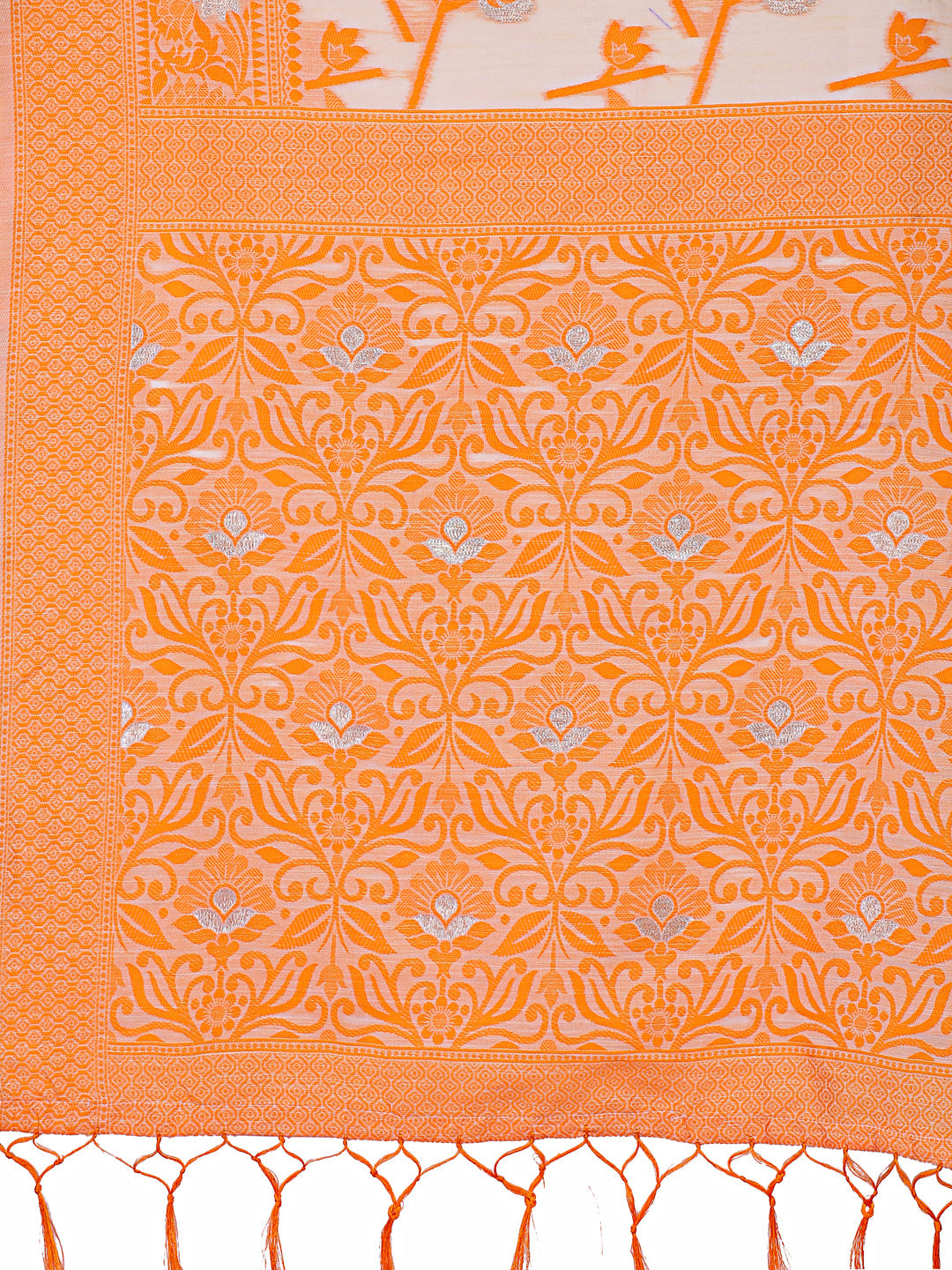 Shree Shyam Fashion Orange Lichi Silk Saree with Floral Weaving & Tassel Pallu - Elegant Festive & Party Wear Saree | Grocsy