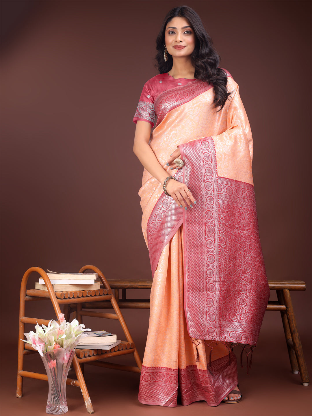 Shree Shyam Fashion Graceful Orange & Maroon Banarasi Silk Saree with Rich Zari Woven Border - Traditional Elegance for Celebrations | Grocsy