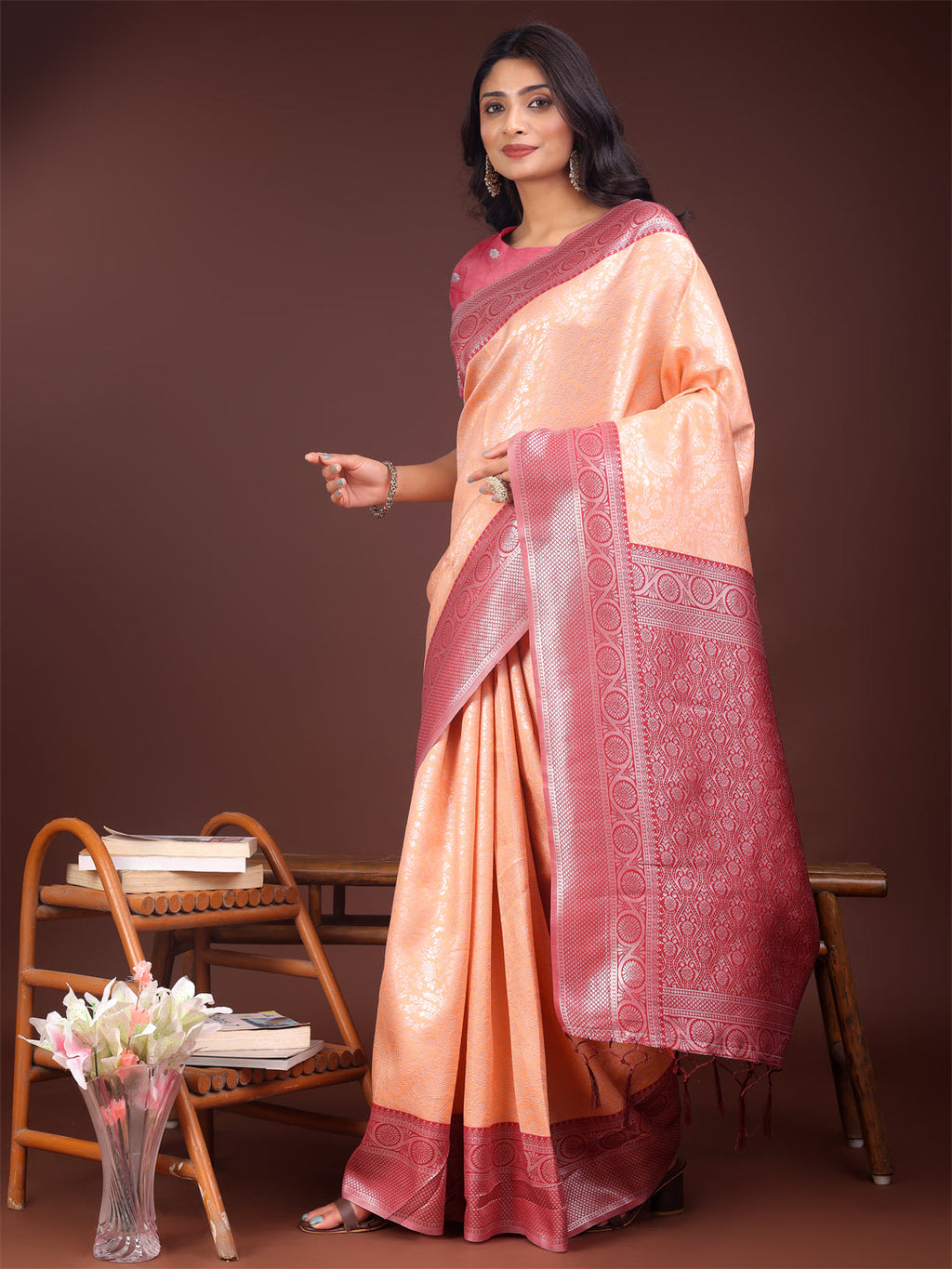 Shree Shyam Fashion Graceful Orange & Maroon Banarasi Silk Saree with Rich Zari Woven Border - Traditional Elegance for Celebrations | Grocsy