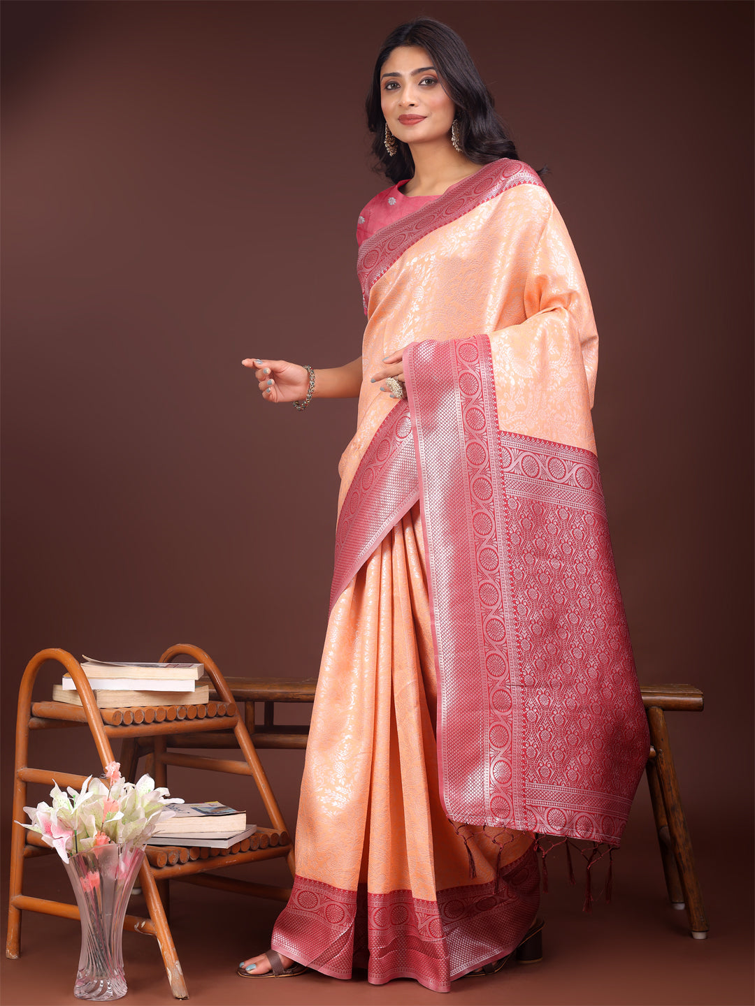 Shree Shyam Fashion Graceful Orange & Maroon Banarasi Silk Saree with Rich Zari Woven Border - Traditional Elegance for Celebrations | Grocsy