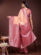 Shree Shyam Fashion Graceful Orange & Maroon Banarasi Silk Saree with Rich Zari Woven Border - Traditional Elegance for Celebrations | Grocsy