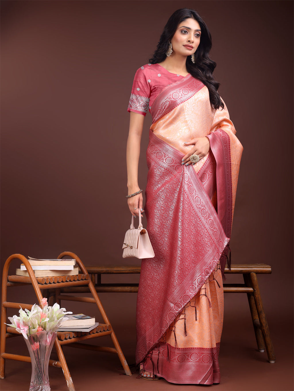 Shree Shyam Fashion Graceful Orange & Maroon Banarasi Silk Saree with Rich Zari Woven Border - Traditional Elegance for Celebrations | Grocsy