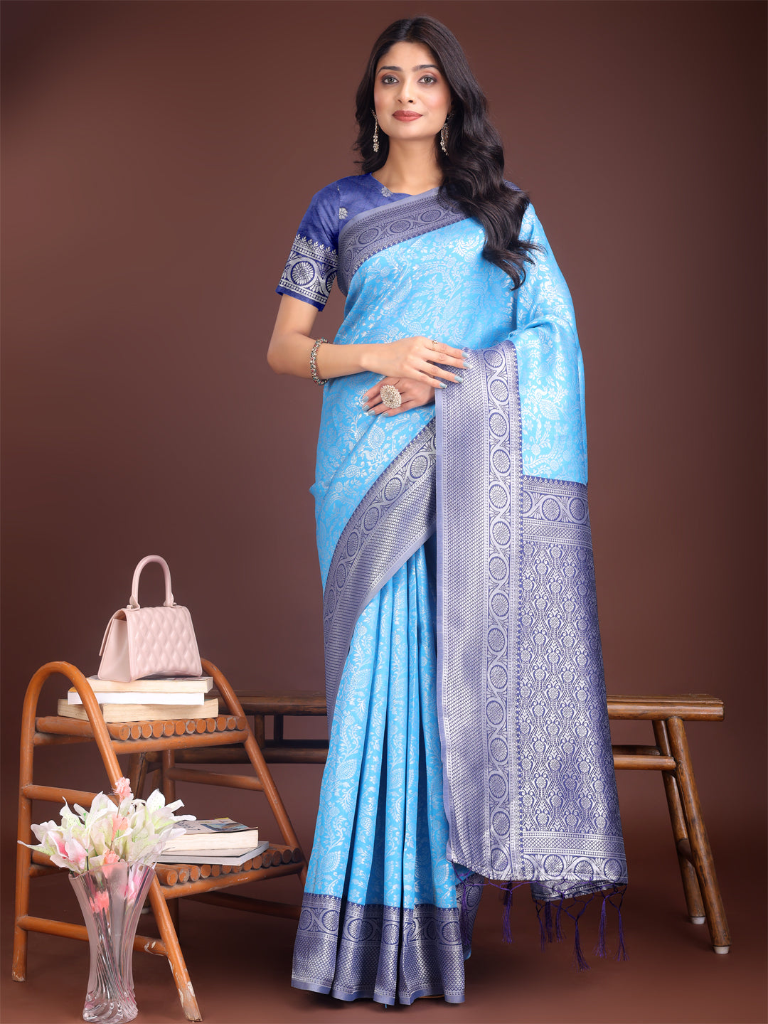 Shree Shyam Fashion Graceful Sky Blue & Blue Banarasi Silk Saree with Rich Zari Woven Border - Traditional Elegance for Celebrations | Grocsy