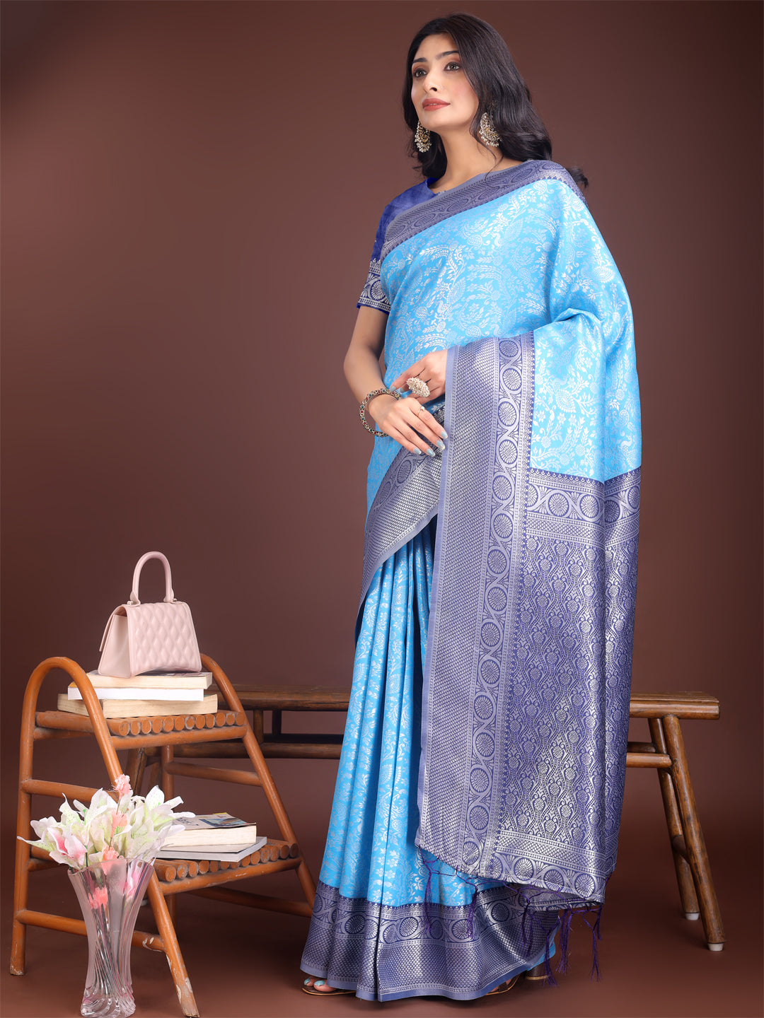 Shree Shyam Fashion Graceful Sky Blue & Blue Banarasi Silk Saree with Rich Zari Woven Border - Traditional Elegance for Celebrations | Grocsy