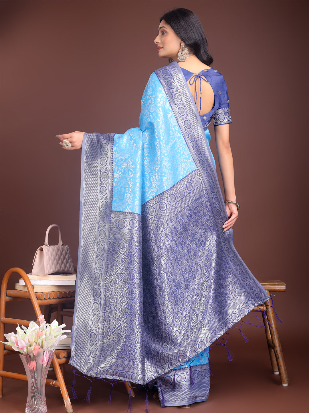 Shree Shyam Fashion Graceful Sky Blue & Blue Banarasi Silk Saree with Rich Zari Woven Border - Traditional Elegance for Celebrations | Grocsy