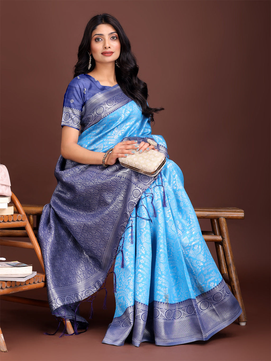 Shree Shyam Fashion Graceful Sky Blue & Blue Banarasi Silk Saree with Rich Zari Woven Border - Traditional Elegance for Celebrations | Grocsy