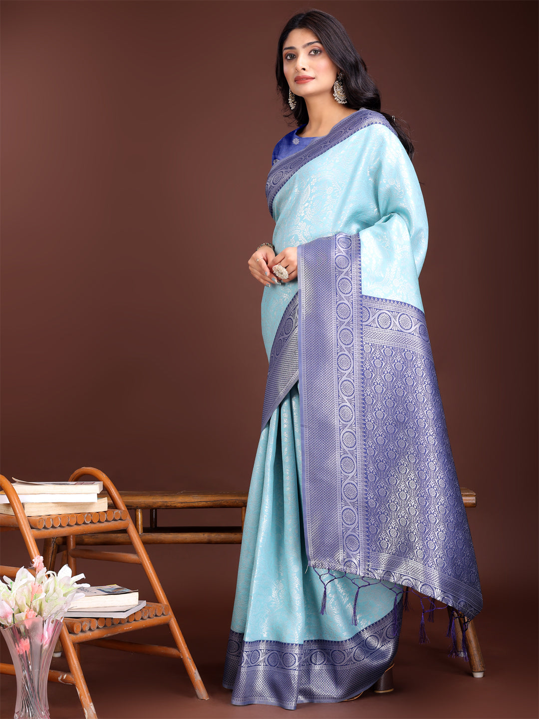 Shree Shyam Fashion Graceful Teal & Blue Banarasi Silk Saree with Rich Zari Woven Border - Traditional Elegance for Celebrations | Grocsy
